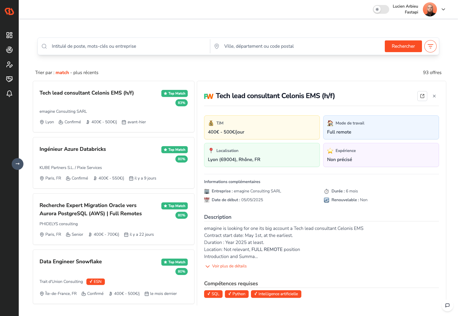 Aperçu du tableau de bord FreeMatch