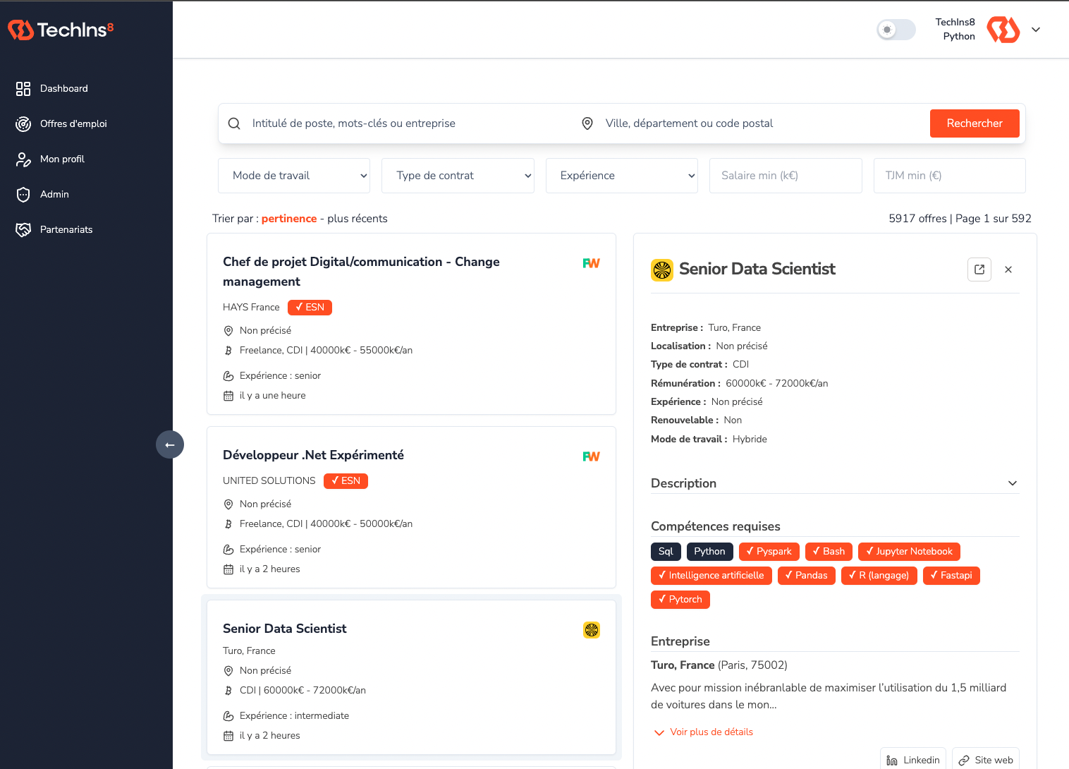 Aperçu du tableau de bord FreeMatch